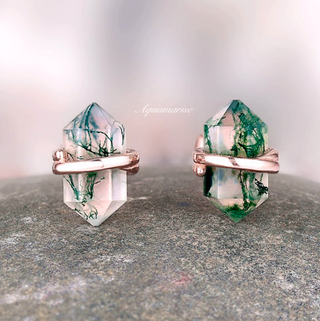 Raw Green Moss Agate Stud Earrings in 14K Rose Gold Vermeil