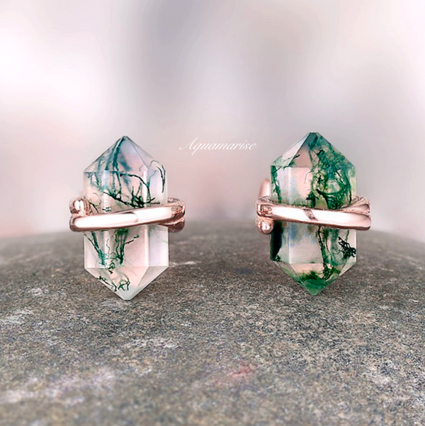 Raw Green Moss Agate Stud Earrings in 14K Rose Gold Vermeil by Aquamarise, featuring natural crystal moss agate stones wrapped in polished rose gold vermeil setting.