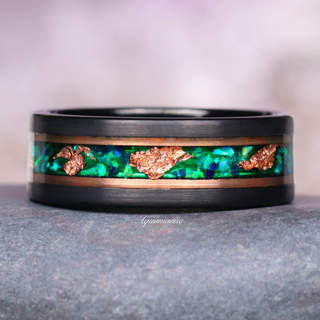 Green Fire Opal & Rose Gold Leaf Wedding Band in Two Tone Rose Gold & Black Tungsten