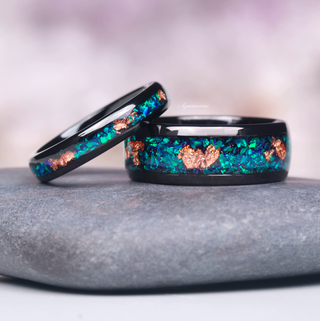 Peacock Fire Opal & Rose Gold Leaf Couples Ring Set