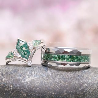 Hexagon Coffin Green Moss Agate Couples Ring Set