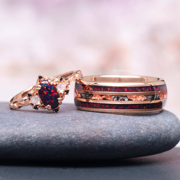 Esme Black Fire Opal & Meteorite Couples Ring Set by Aquamarise featuring rose gold bands with black fire opal, meteorite, and black diamond accents in a unique matching design.