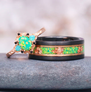 Green Fire Opal Leaf Couples Ring Set