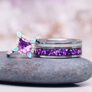 Amethyst & Galaxy Fire Opal Couples Ring Set