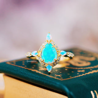 Blue Fire Opal & Crushed Diamond Couples Ring Set