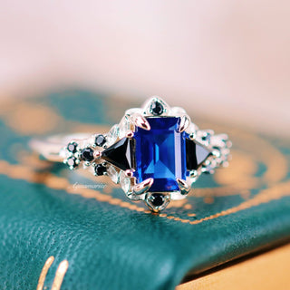 Blue Sapphire & Black Onyx Leaf Engagement Ring- 14K White Gold