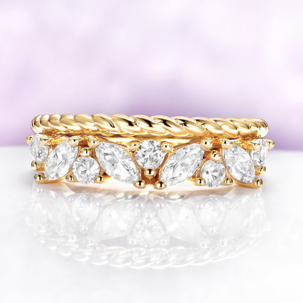 Willow Vintage Marquise Wedding Band in Solid 14K Yellow Gold with marquise and round gemstones creating a delicate leaf-inspired design by Aquamarise Gold.