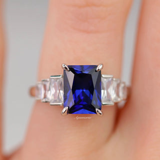 Art Deco Emerald Cut Blue Sapphire Engagement Ring in Sterling Silver