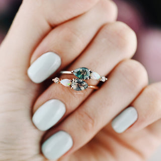 Green Moss Agate & Natural Australian Opal Ring in 14K Rose Gold Vermeil