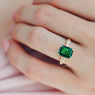 Emerald Engagement Ring in 14K Solid Yellow Gold (Hidden Halo)