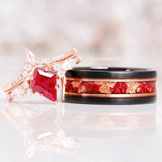Skye Kite® Ruby & Rose Gold Leaf Couples Ring Set
