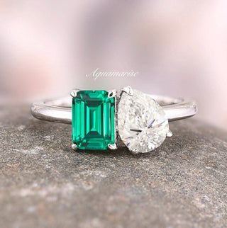 Toi Et Moi Emerald and Moissanite Ring- 14K White Gold