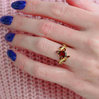 Natural Red Garnet Leaf Ring in 14K Yellow Gold Vermeil