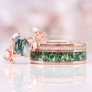Moss Agate & Fire Opal Couples Ring Set