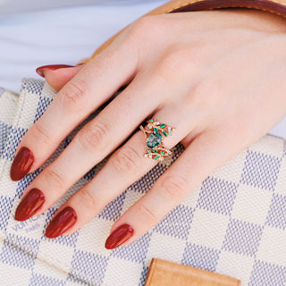 Green Moss Agate Leaf Engagement Ring in 14K Solid Rose Gold