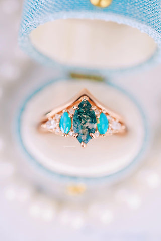 Emerie Marquise Cut Moss Agate & Opalescent Sapphire Ring Set in 14K Rose Gold Vermeil