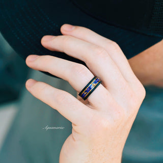 Blue Sapphire & Gold Leaf Wedding Band in Black Tungsten Carbide (8mm)