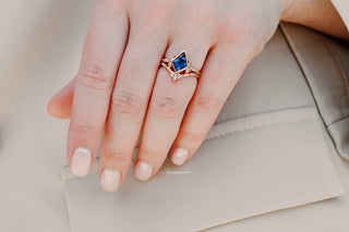 Kite Blue Sapphire Bezel Engagement Ring Set in 14K Solid Rose Gold