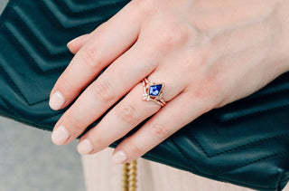 Kite Blue Sapphire Bezel Engagement Ring Set in 14K Solid Rose Gold