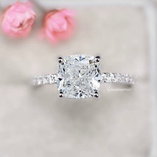 3CT Cushion Cut Moissanite Engagement Ring in 14K White Gold