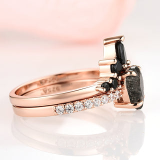 Rutilated Quartz & Black Onyx Ring Set- 14K Rose Gold Vermeil