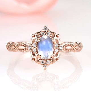 Claire Vintage Natural Moonstone Engagement Ring in 14K Solid Rose Gold