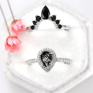 Amy Rutilated Quartz & Black Moissanite Engagement Ring Set in 14K White Gold