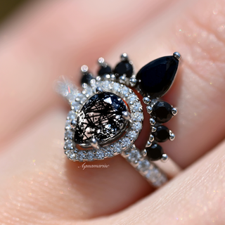 Amy Rutilated Quartz & Black Moissanite Engagement Ring Set in 14K White Gold