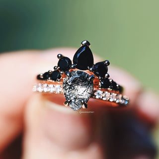 Rutilated Quartz & Black Onyx Ring Set- 14K Rose Gold Vermeil