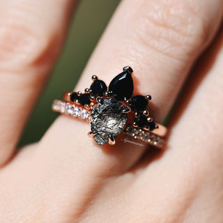 Rutilated Quartz & Black Onyx Ring Set- 14K Rose Gold Vermeil