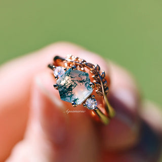 Natural Hexagon Moss Agate Engagement Ring Set- 14K Rose Gold Vermeil