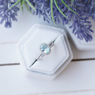 Iris Halo Oval Aquamarine Ring in Sterling Silver
