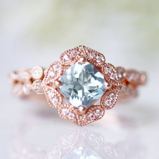 Luxe Aquamarine Engagement Ring in 10K/14K/18K Solid Rose Gold