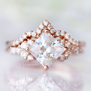 Ellie Princess Cut Moissanite Engagement Ring Set in 14K Solid Rose Gold