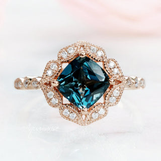 Luxe Cushion Cut Natural London Blue Topaz Engagement Ring in 14K Solid Rose Gold