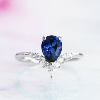 Lunette Teardrop Blue Sapphire Engagement Ring Set in Sterling Silver