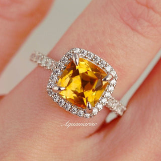 Belle Cushion Cut Natural Citrine Engagement Ring in 14K White Gold