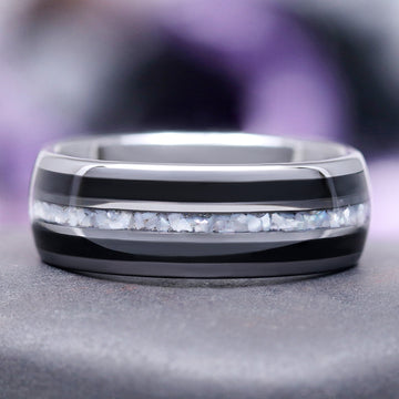 Briar Black Onyx & Pearl Couples Ring Set by Aquamarise features a sleek band with glossy black onyx inlays and a central strip of luminous crushed pearls, part of Matching Couples' Rings and June Birthstone Jewelry collections.