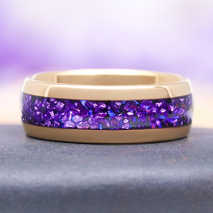 Crushed Amethyst and Galaxy Fire Opal Wedding Band in Yellow Gold Tungsten (8mm)