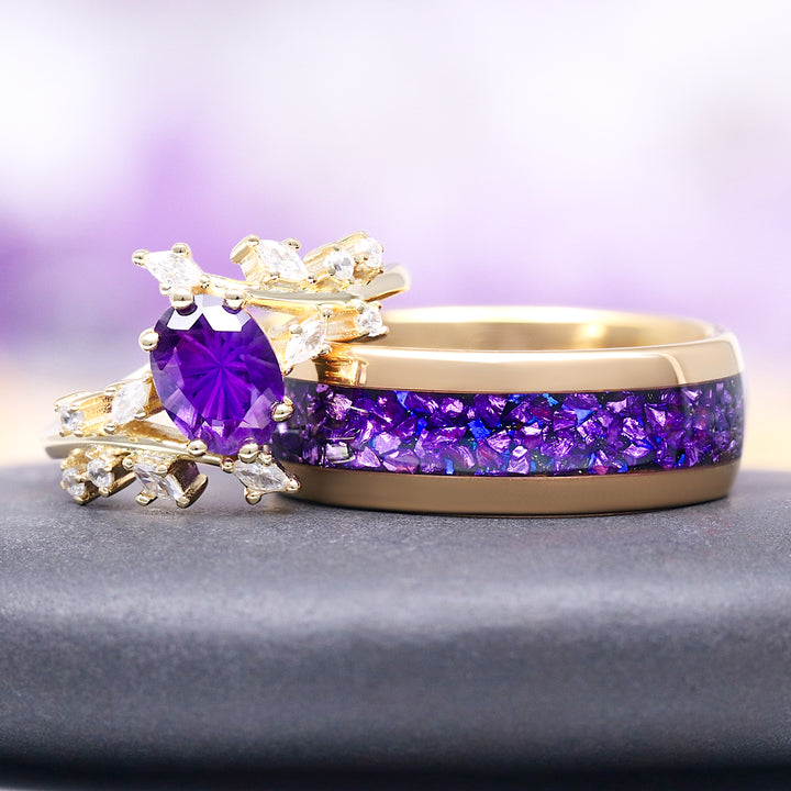 Natural Fireworks Cut Amethyst Leaf Ring in 14K Yellow Gold Vermeil