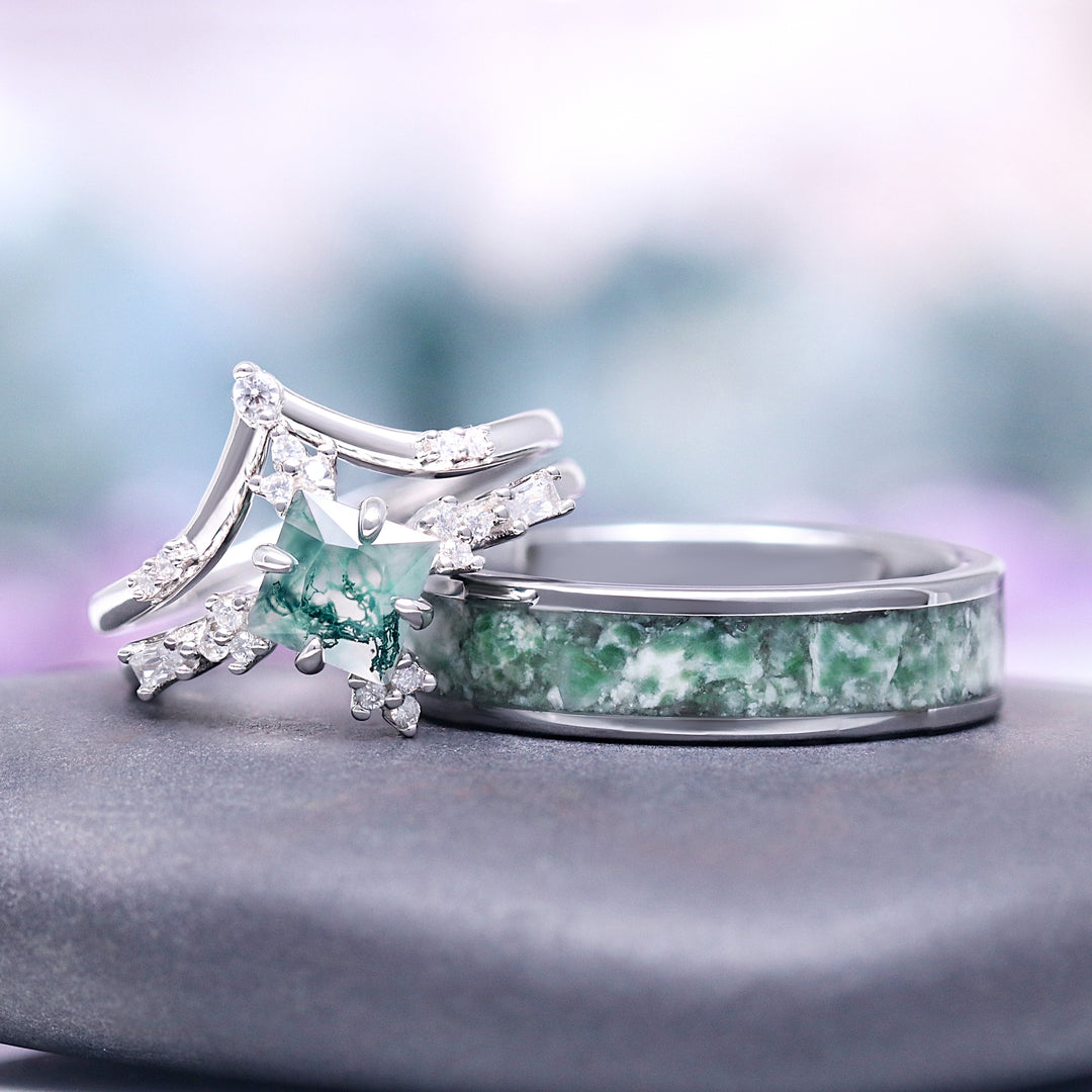 Natural Green Moss Agate Ring Set- Sterling Silver