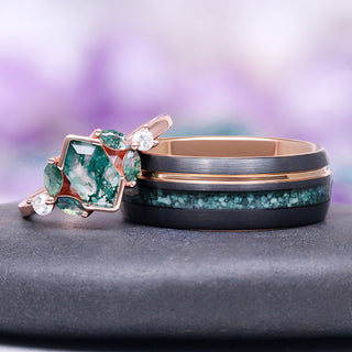 Hexagon Green Moss Agate Leaf Ring in 14K Rose Gold Vermeil