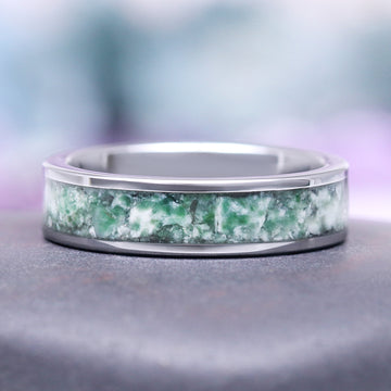 Rustic Moss Agate Couples Ring Set by Aquamarise showcases a polished band inlaid with natural green and white moss agate, part of Matching Couples' Rings and Best Selling Jewelry collections.