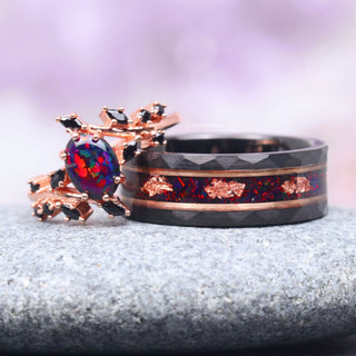 Black Fire Opal & Onyx Leaf Couples Ring Set