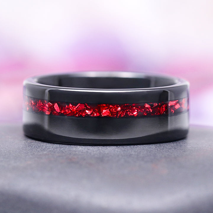 Crushed Red Garnet Wedding Band in Black Tungsten (8MM)
