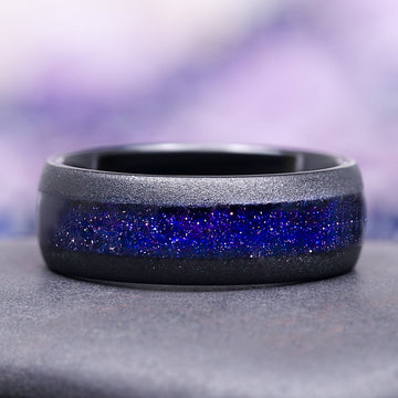 Starry Night Sandblasted Wedding Band- 8MM Black Tungsten featuring a sandblasted black finish with a glittering galaxy-inspired crushed stone inlay by Aquamarise.