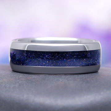 Elara Starry Night and Crescent Moon Couples Ring Set featuring a polished silver band with a deep blue sandstone inlay that sparkles like a night sky, part of Foreverings' Matching Couples' Rings and Starry Night™ Rings collections.