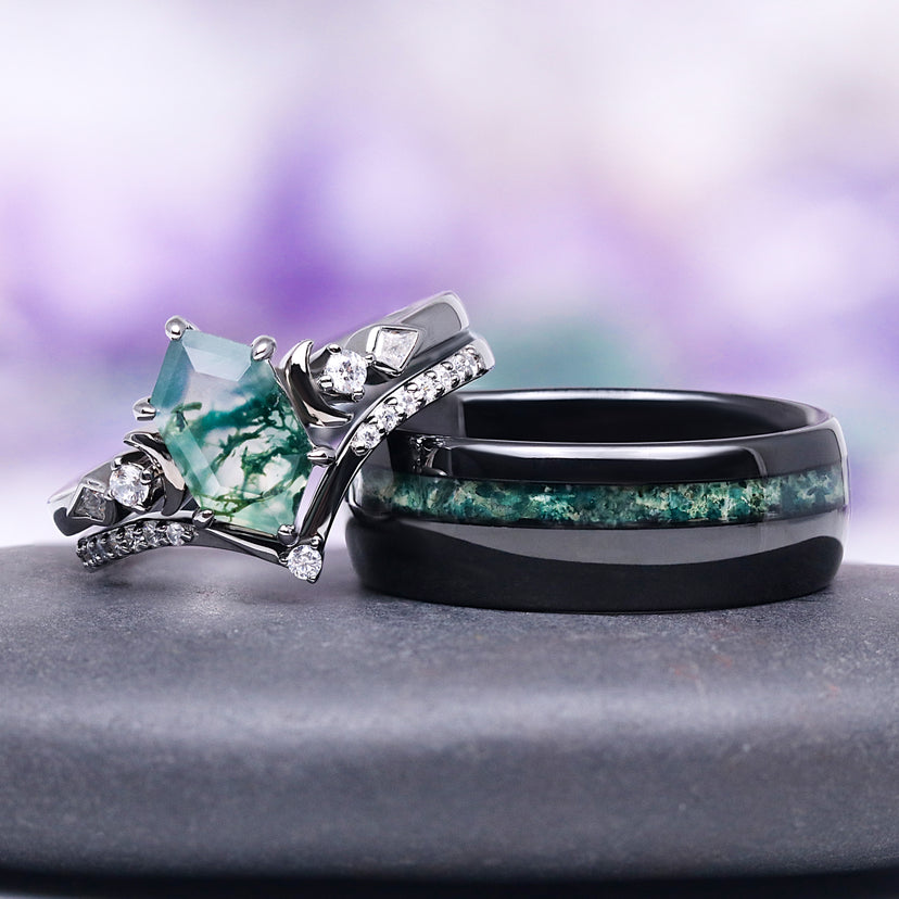 Elara Moss Agate Crescent Moon Couples Ring Set by Aquamarise, featuring nature-inspired moss agate stones and black finish, perfect as matching couples rings or unique promise rings.
