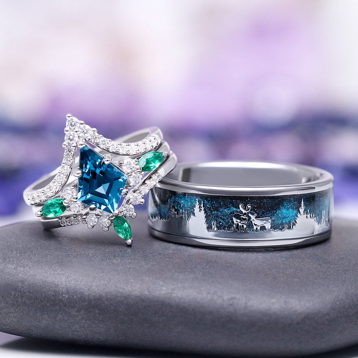 Skye Kite® London Blue Topaz & Emerald Ring Set- 925 Sterling Silver