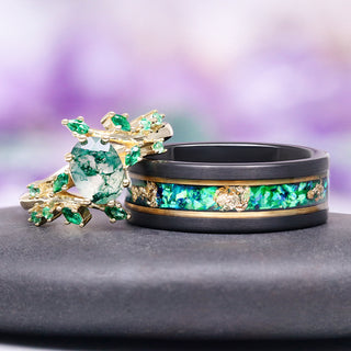 Green Moss Agate & Emerald Leaf Ring in 14K Yellow Gold Vermeil